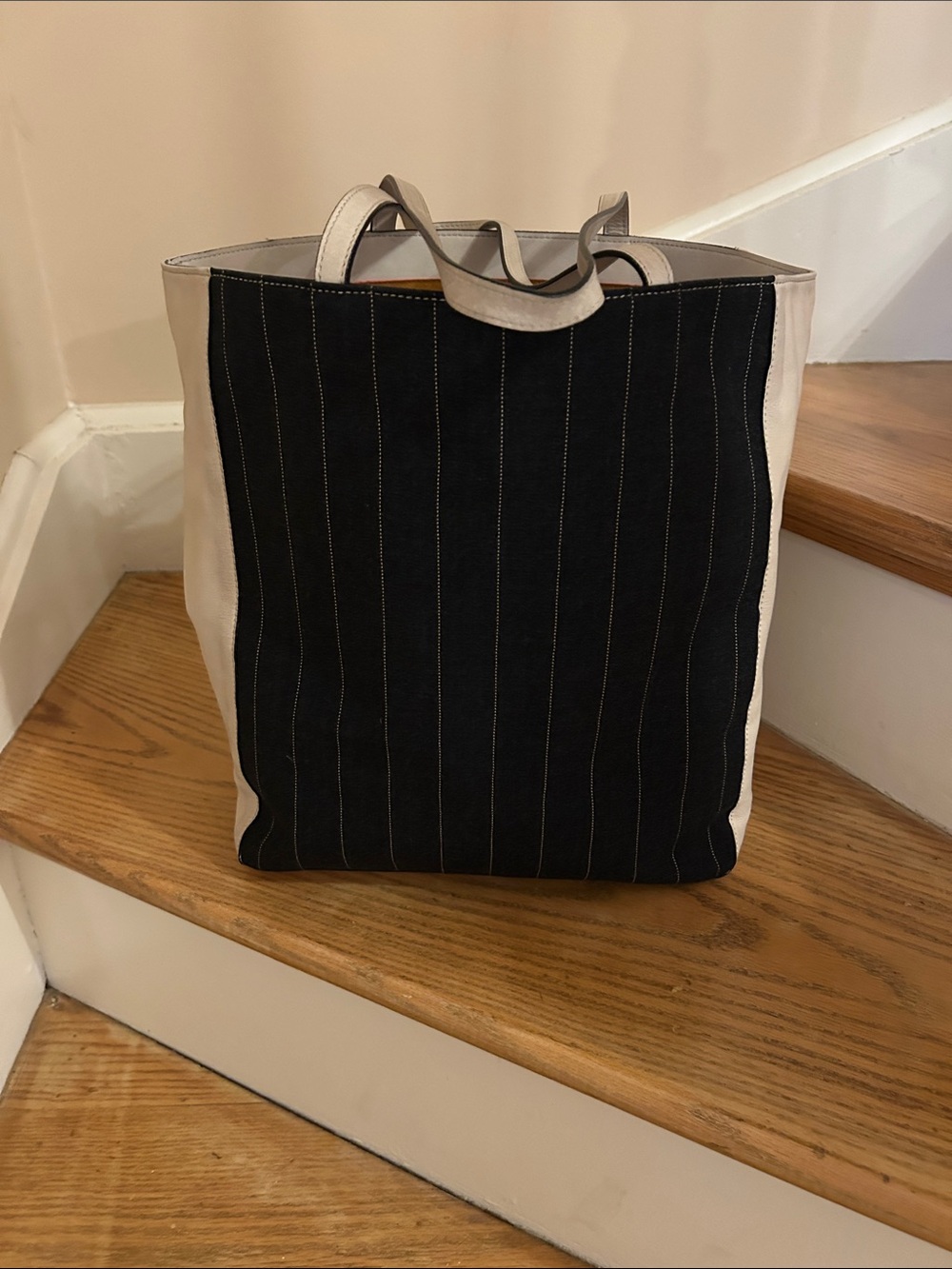 Wool & Leather Tote Bag in Black and Cream